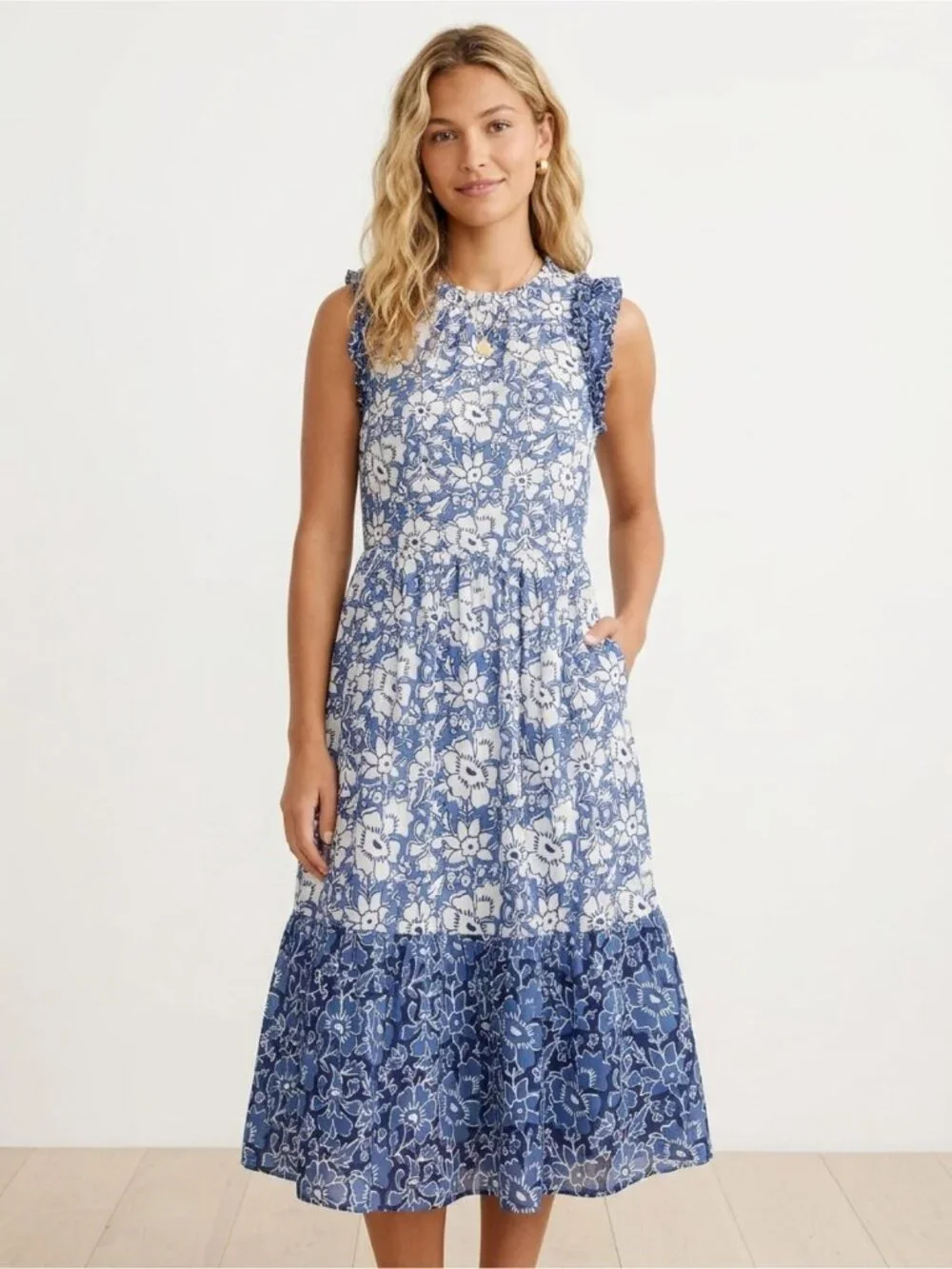 J.Crew Blue & White Ruffle-Sleeve Tiered Cotton Midi Dress Size 10 54953